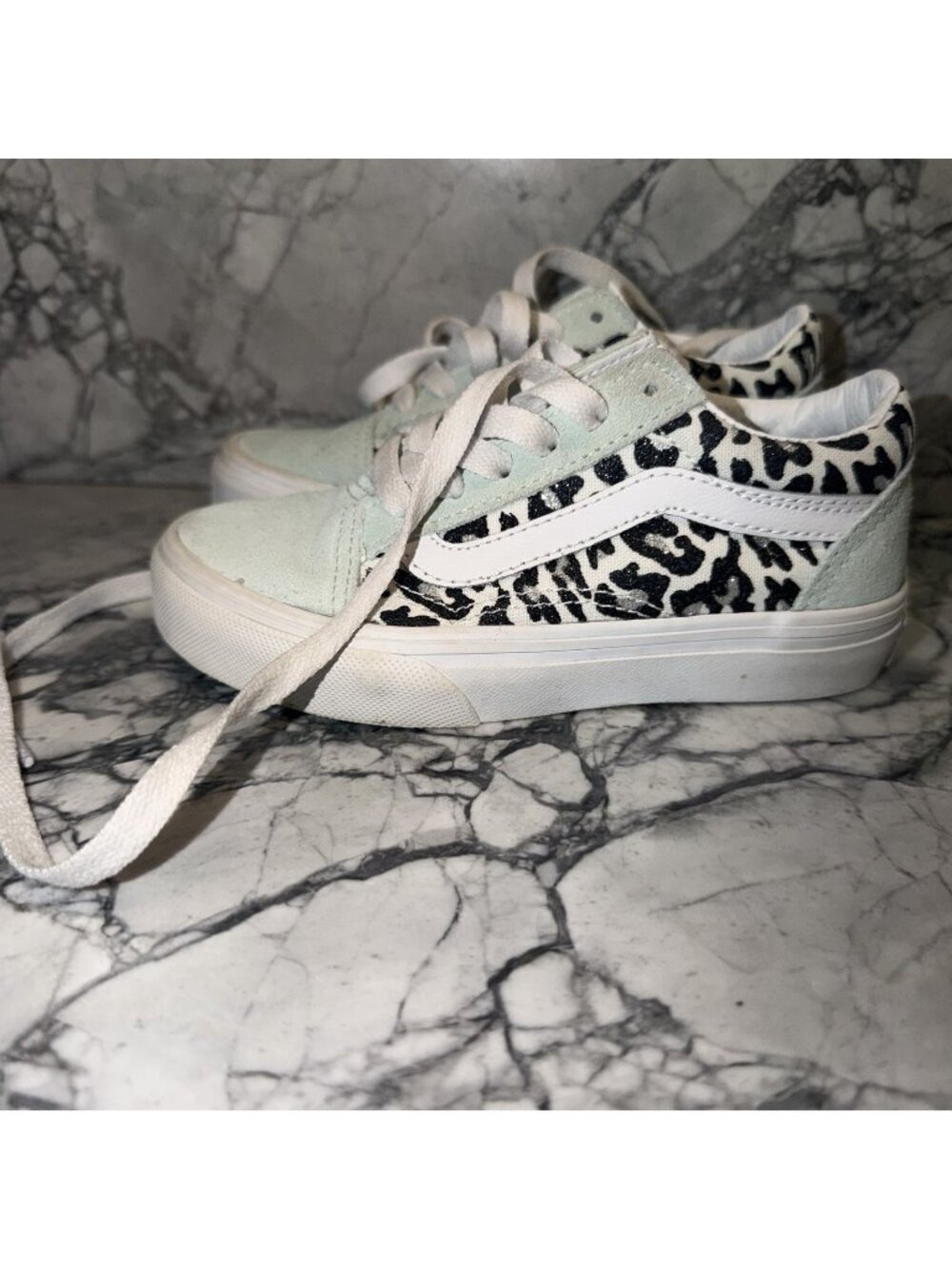 VANS Little Kids 11C Old Skool Glitter Leopard Print Mint Green Shoes 721356